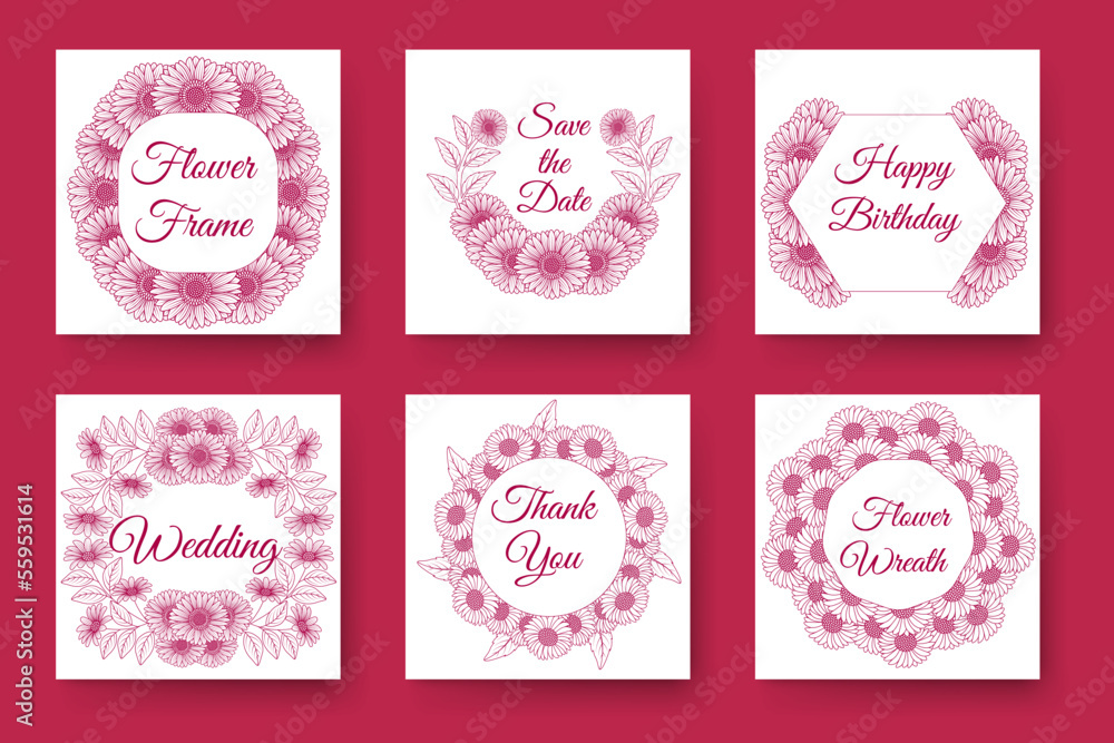 flowers and floral wreath wedding invitation frame design with elegant viva magenta backgrounds