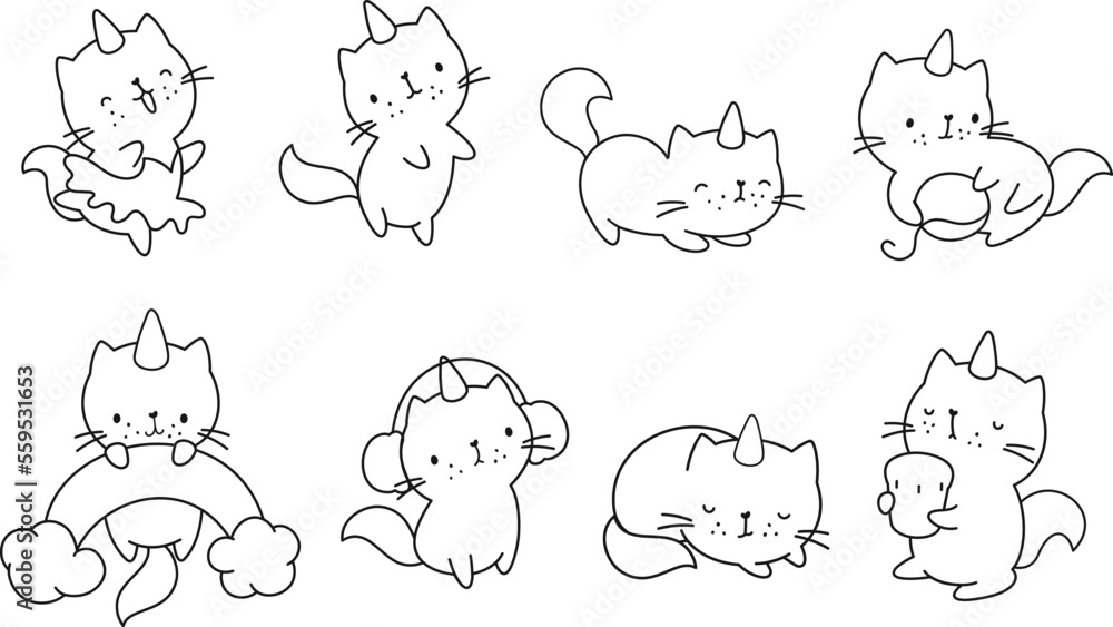 Cute kitty with horn, caticorn line coloring set. Funny magic cats, happy kittens stickers. Childish vector characters
