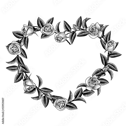 Vintage engraving stylized drawing of heart frame with roses wreath
