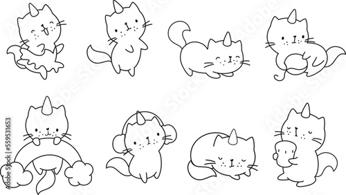 Cute kitty with horn, caticorn line coloring set. Funny magic cats, happy kittens stickers. Childish vector characters