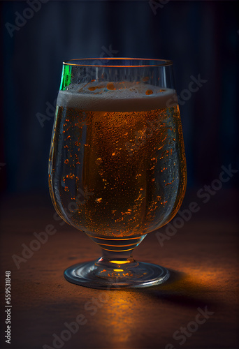 Glass of beer on dark floor in the foreground. Illustration Generative AI
