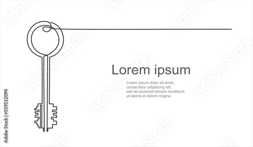 continuous line drawing of key. Can used for logo, emblem, slide show and banner.