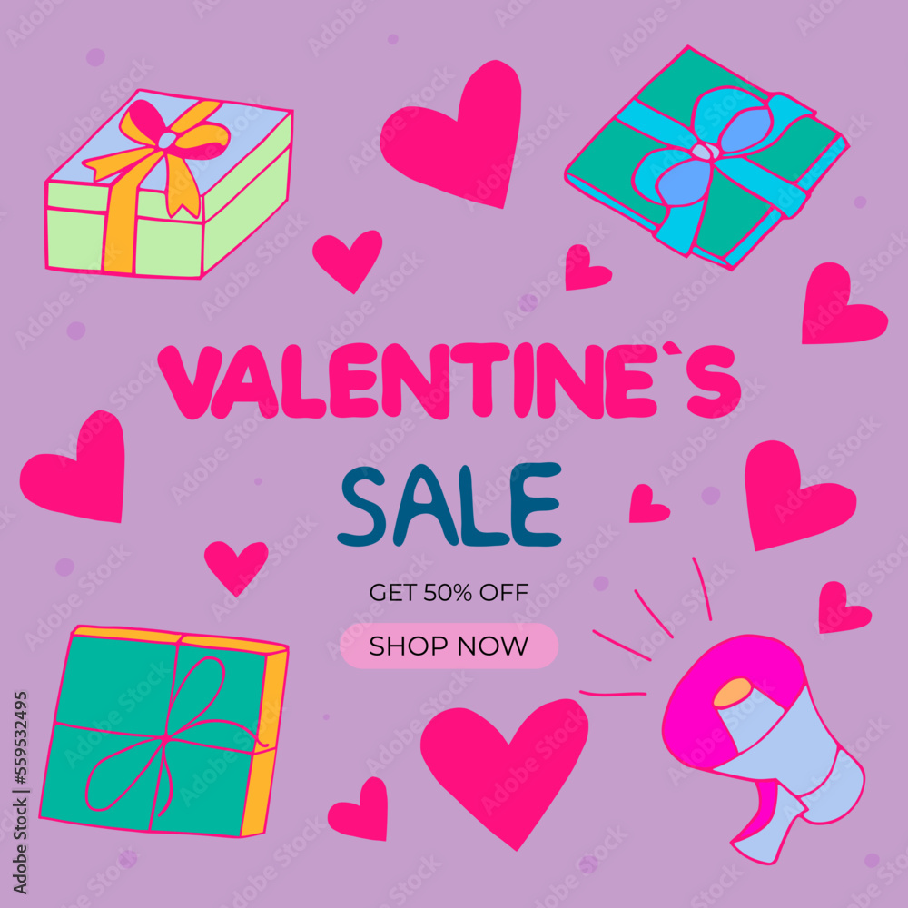 .Square template for Valentine's Day holidays.Social media post .Sales promotion on Valentine's Day.Vector illustration for greeting card, mobile apps, banner design and web ads