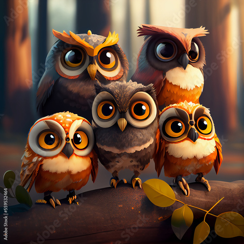 Group of cartoon owls ai art