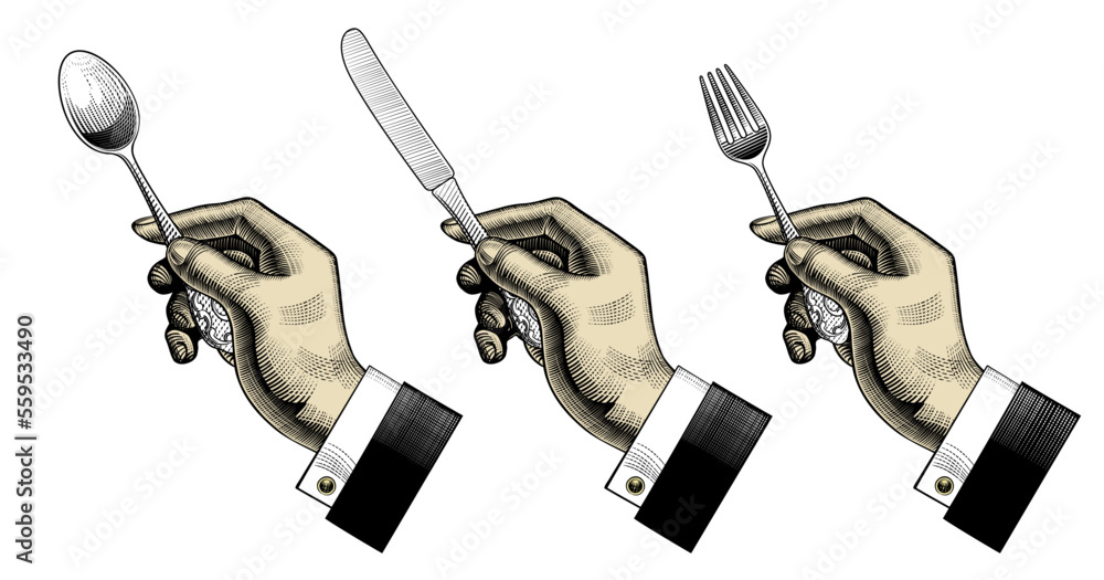 Engraved hands holding cutlery. A hand with a table knife, spoon and