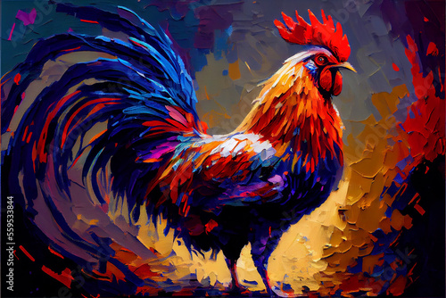 Photo Oil painting palette knife rooster ai art