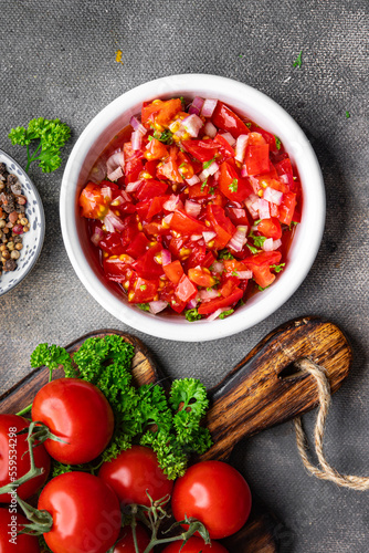 tomato salad salsa spicy food fresh meal snack on the table copy space food background rustic top view