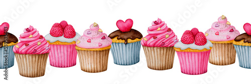 Seamless garland of cupcakes. Watercolor border for the design of cards, invitations, greetings, menus, fabric prints, banners. Clipart for Valentine's Day, birthday, children's holiday.
