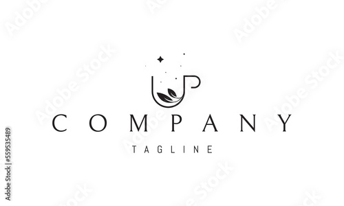 Vector logo on which an abstract image of a cup of tea with two leaves at the bottom.
