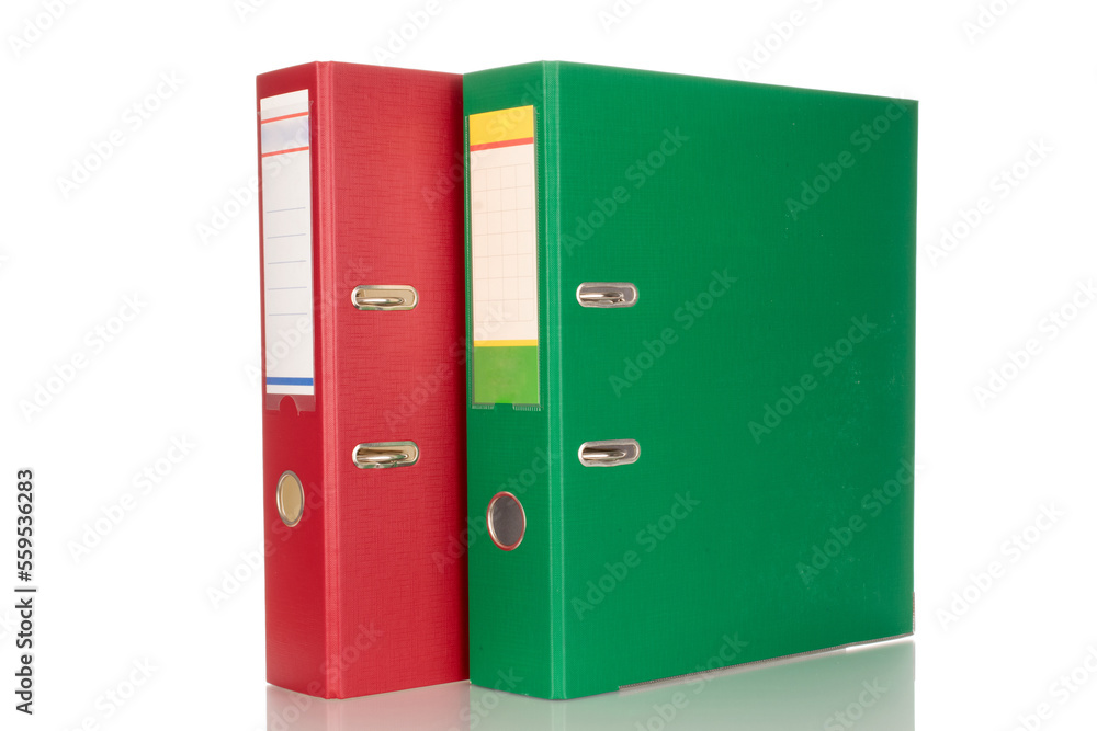 Two binder folders, macro, isolated on white background.