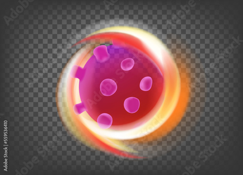 Flaming virus molecule on transparent background. 3d vector icon with fire effect 