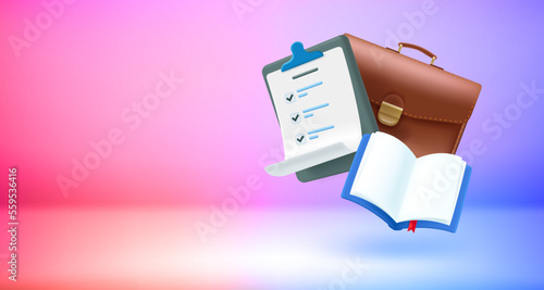 Briefcase with contract list. 3d vector banner with copy space