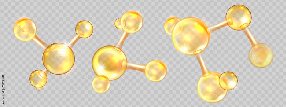 Gold oil molecule set, jojoba nano 3D cell, collagen yellow ball, vector bio abstract medical icon. Beauty science skin care molecular concept, natural bubble kit. Gold molecule atom illustration - obrazy, fototapety, plakaty 