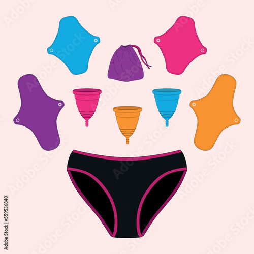 Collection de protections hygiéniques pour les règles lavables et réutilisables : cup menstruelle, serviettes lavables, culotte de règle