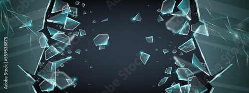Broken glass 3D vector shatter explosion fragments, sharp ice splinters on transparent background. Danger flying crystal piece, destroy windshield smithereens concept. Broken glass realistic clipart