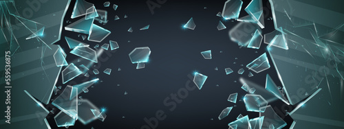 Broken glass 3D vector shatter explosion fragments, sharp ice splinters on transparent background. Danger flying crystal piece, destroy windshield smithereens concept. Broken glass realistic clipart photo