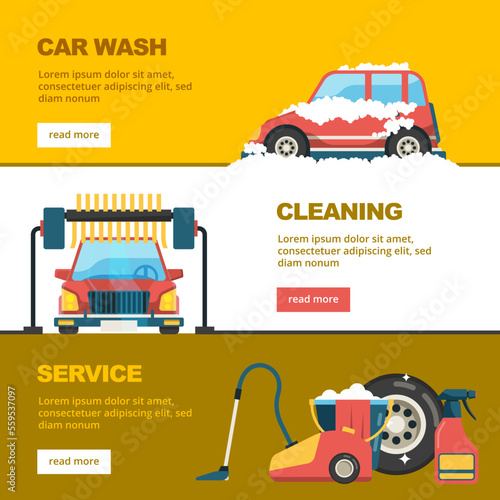 Car wash banners. horizontal template with cars and cleaning service washing vector templates