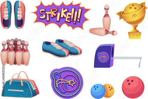 Bowling club. Sport equipment balls sneakers trophy cups score monitor for playing bowling action game exact vector cartoon collection