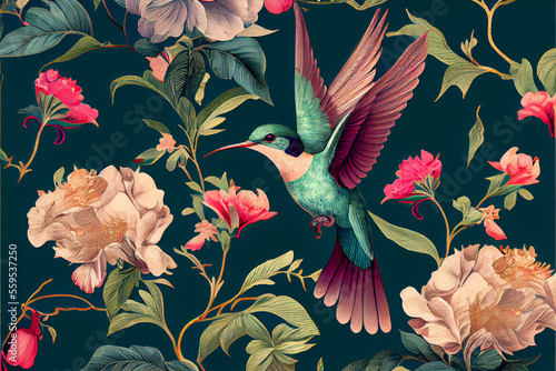 Chinoiserie hummingbird pattern ai art photo