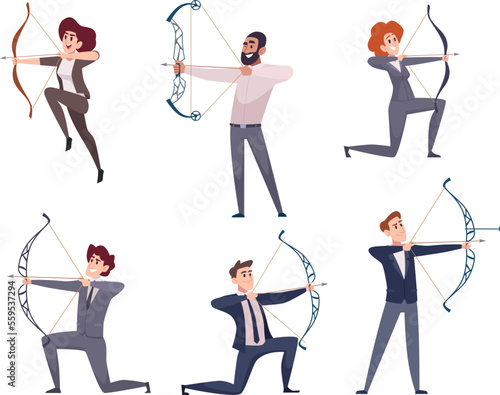 Business archers. Managers leaders shooting to targets holding arrows and bows exact vector archers people