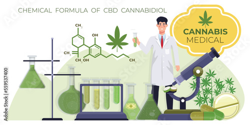 Bring your medical and cannabis-related projects to life with this vector illustration of a man in a science lab working on medical cannabis.
