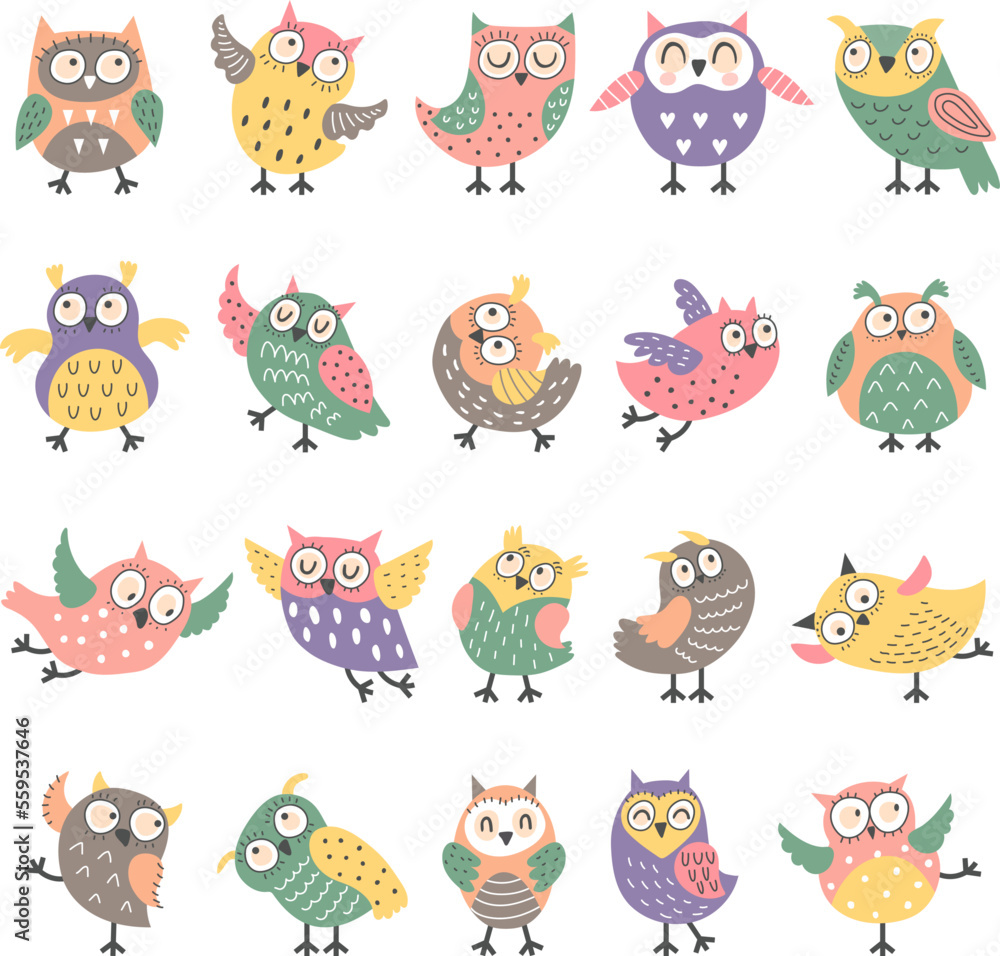 Naklejka premium Owl birds. Flying decorative boho style birds in action poses recent vector funny characters