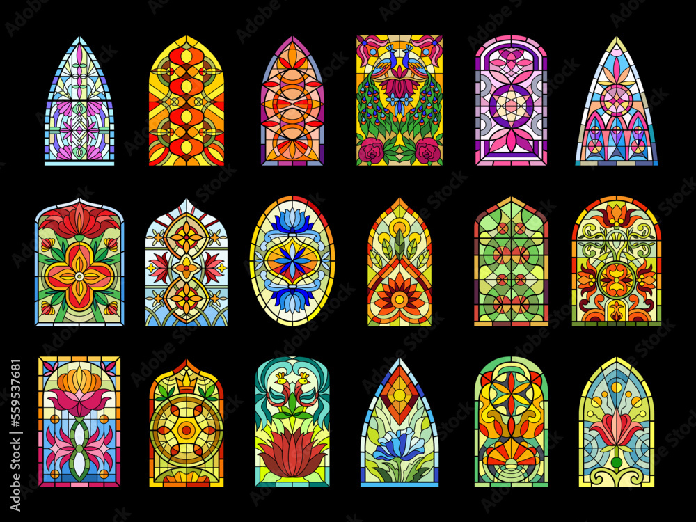 Stained glass windows. Decorative colored frames transparent glasses for church cathedral medieval windows recent vector templates - obrazy, fototapety, plakaty 