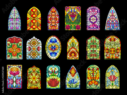 Stained glass windows. Decorative colored frames transparent glasses for church cathedral medieval windows recent vector templates photo