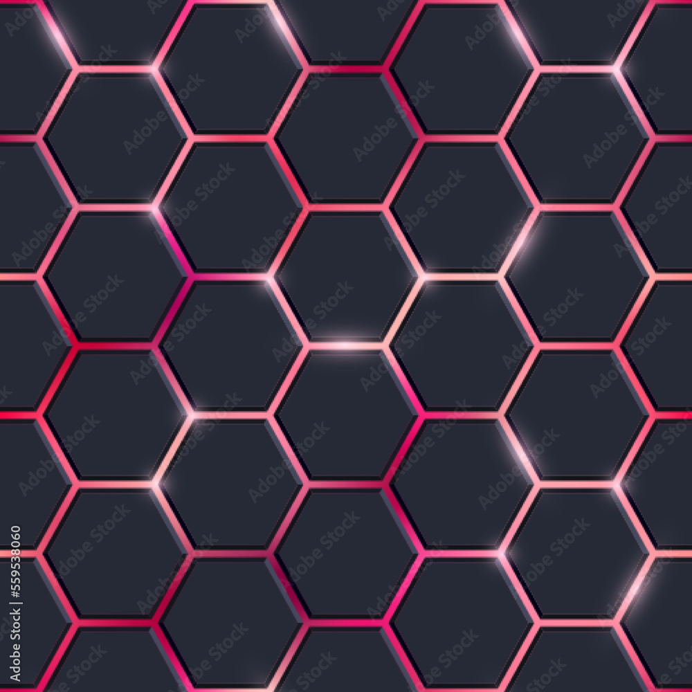 Abstract black hexagon tiles seamless pattern with shiny flares on red background. Modern technology luminous cells texture. Vector glowing game hexagon background. Abstract black hexagon tiles seamless pattern with shiny flares on red background. Modern technology luminous cells texture. Vector glowing game hexagon background.