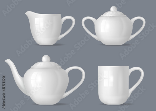 Realistic tea set. Utensils for tea relax time pot tea cup bowl for sugar and kettle decent vector template