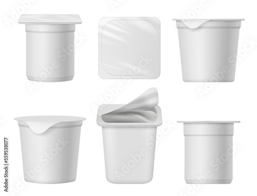 Yogurt containers. Mockup templates of dairy products milk food plastic containers decent vector pictures set