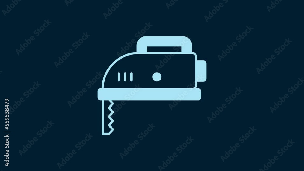 White Electric jigsaw with steel sharp blade icon isolated on blue background. Power tool for woodwork. 4K Video motion graphic animation White Electric jigsaw with steel sharp blade icon isolated on blue background. Power tool for woodwork. 4K Video motion graphic animation