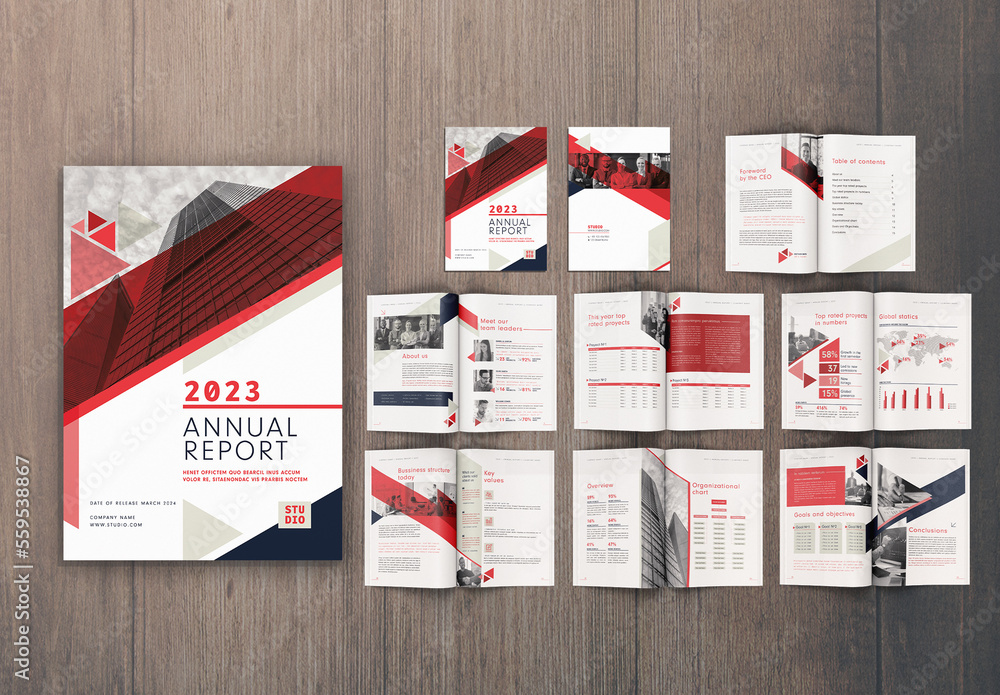 Annual Report With Red Accents Layout Stock Template | Adobe Stock