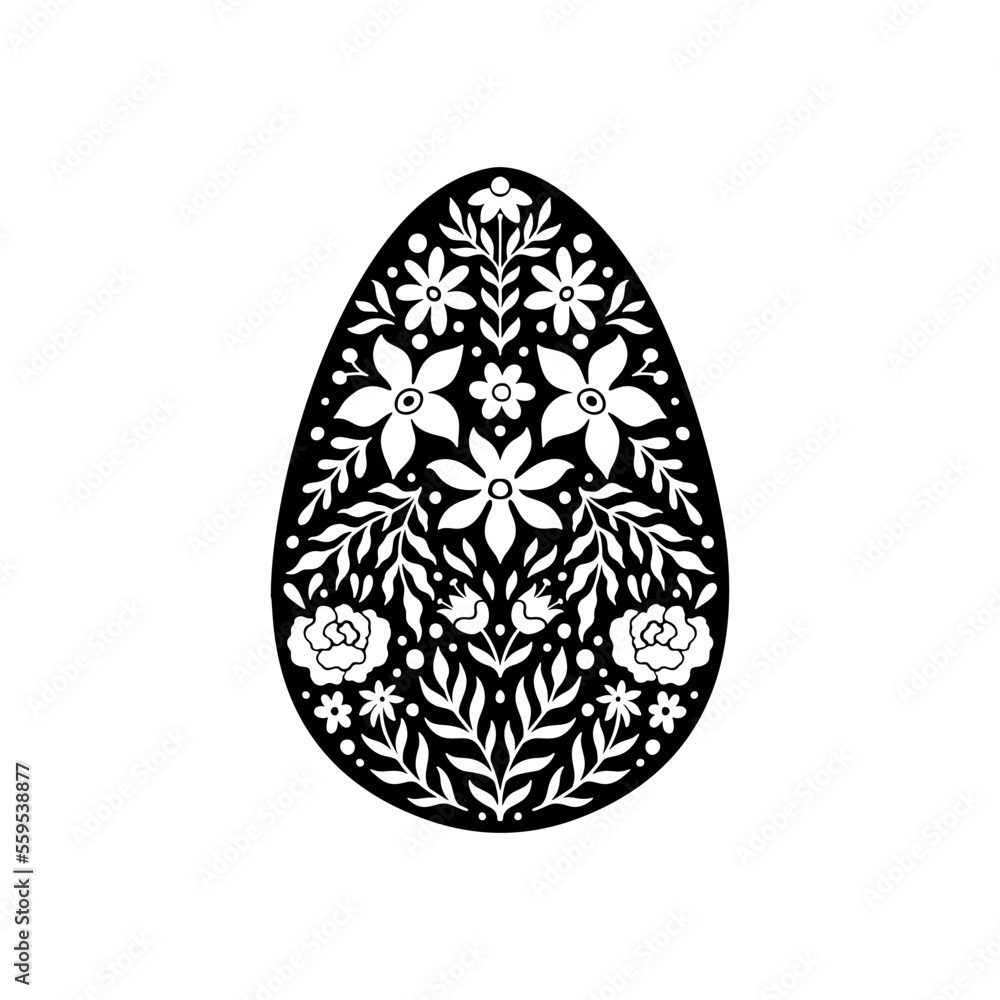 Easter Floral Egg Icon. Abstract Flowers in Egg Silhouette. Vector Linocut object isolated on white background. Ester Egg hunter design for greeting card, banner, print. Spring icon floral decor. Easter Floral Egg Icon. Abstract Flowers in Egg Silhouette. Vector Linocut object isolated on white background. Ester Egg hunter design for greeting card, banner, print. Spring icon floral decor.