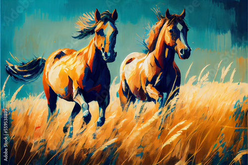 Horses running through a field oil painting ai art