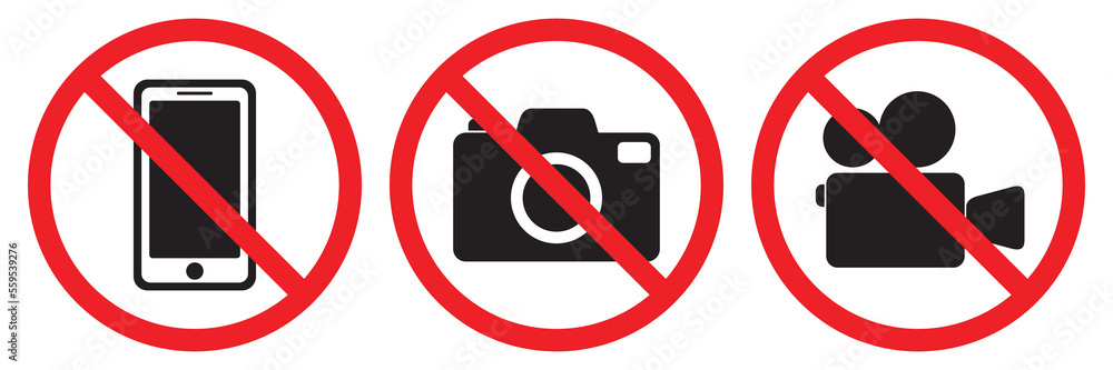 Prohibited symbol sign set , no photography, no video, do not use the phone, prohibit icon logo collection. Vector illustration image. Isolated on white background. Prohibited symbol sign set , no photography, no video, do not use the phone, prohibit icon logo collection. Vector illustration image. Isolated on white background.