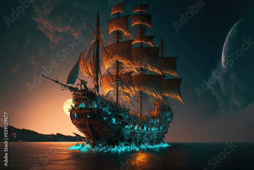 An old ship with large sail...