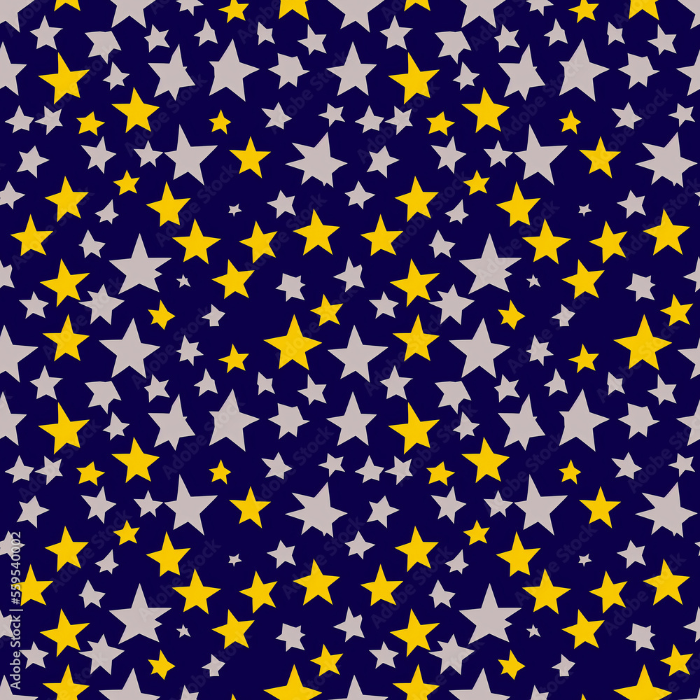 White and yellow five-pointed stars on a blue background. Seamless illustration White and yellow five-pointed stars on a blue background. Seamless illustration
