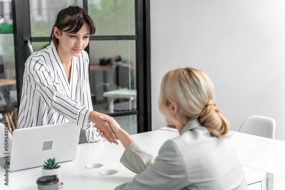Fototapeta premium Businesswoman working at the company talking to colleagues, teamwork.