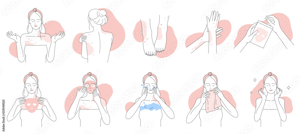 Allergy, symptoms and treatment line icons set vector illustration. Hand drawn girls suffer from allergic dermatitis and skin atopy, apply facial mask to care itchy sensitive skin with irritation Allergy, symptoms and treatment line icons set vector illustration. Hand drawn girls suffer from allergic dermatitis and skin atopy, apply facial mask to care itchy sensitive skin with irritation