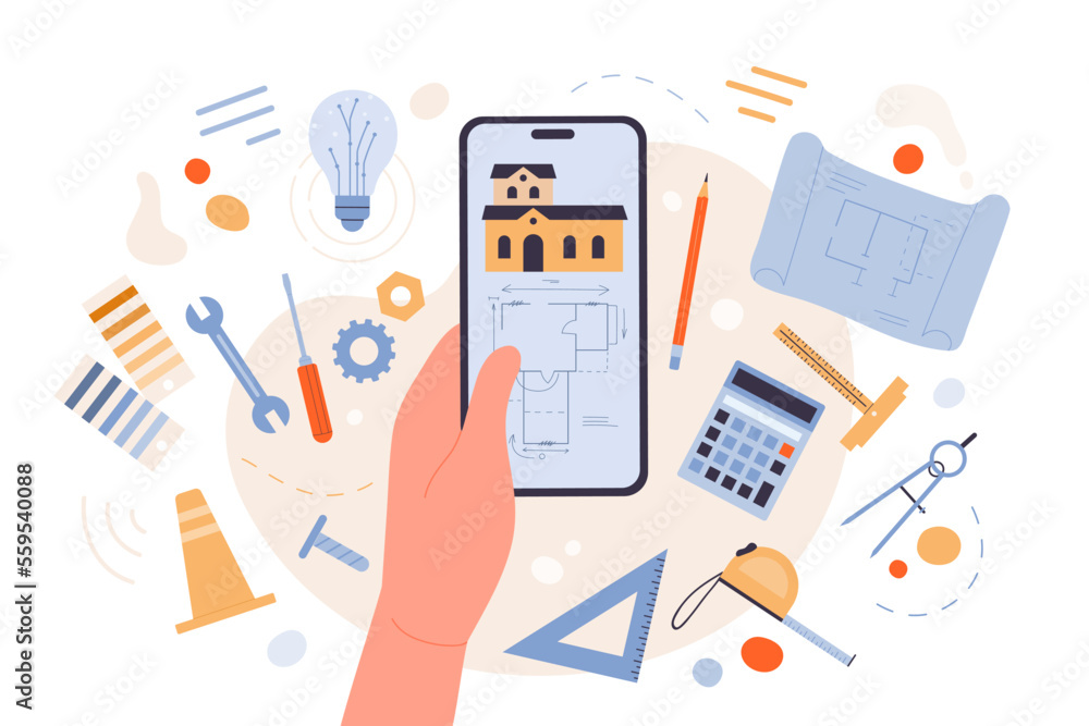 Development of architecture project vector illustration. Cartoon architects hand holding phone with building blueprint on screen, person using paper sketch, tools and software for product design