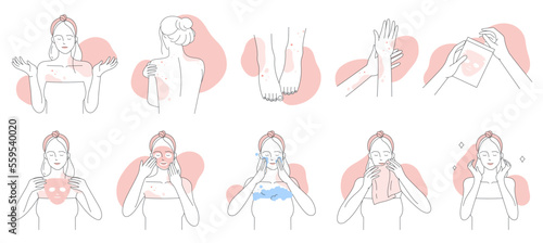 Allergy, symptoms and treatment line icons set vector illustration. Hand drawn girls suffer from allergic dermatitis and skin atopy, apply facial mask to care itchy sensitive skin with irritation