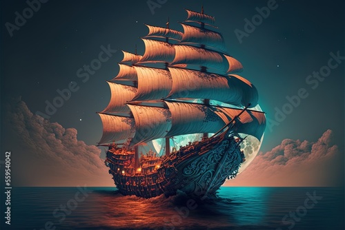 An old ship with large sail...
