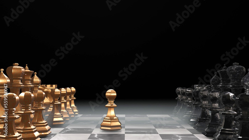 First move in chess game. Chess pieces on a chessboard. 3D render illustration.
