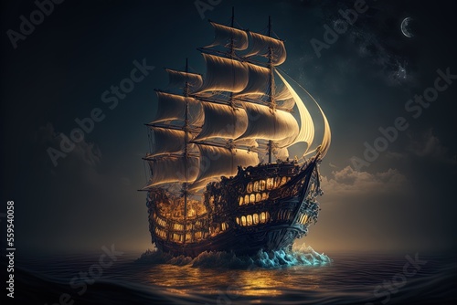 An old ship with large sail...