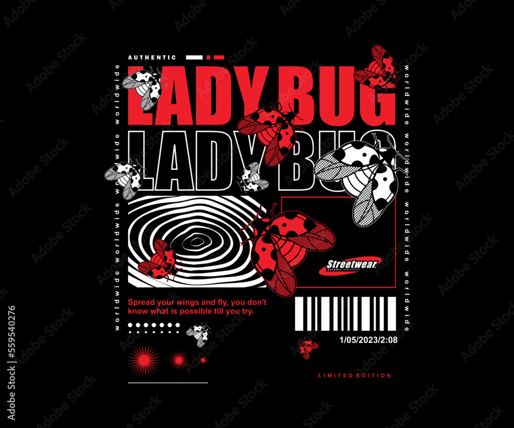 Aesthetic illustration of ladybug t shirt design, vector graphic, typographic poster or tshirts street wear and Urban style Aesthetic illustration of ladybug t shirt design, vector graphic, typographic poster or tshirts street wear and Urban style