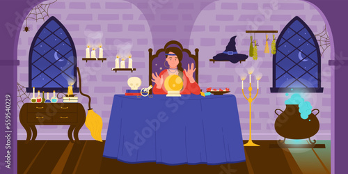 Magic prediction of fortune teller vector illustration. Cartoon woman reading future in crystal ball, gypsy sitting at table with sphere and skull in spooky wizard room interior with witch cauldron
