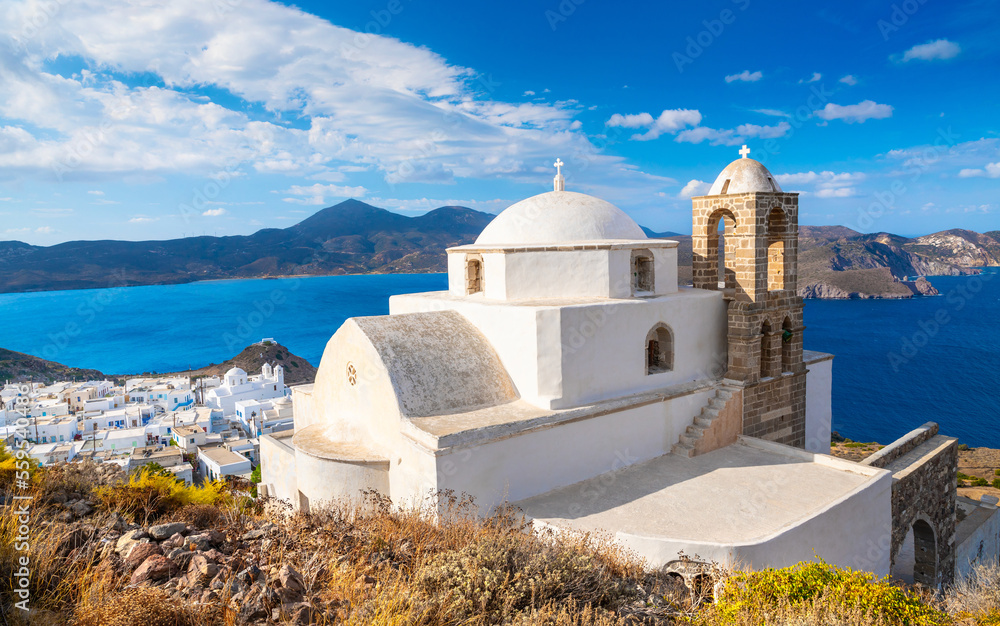 Panagia Thalassitra church view in the Plaka castle, Milos island, Greece