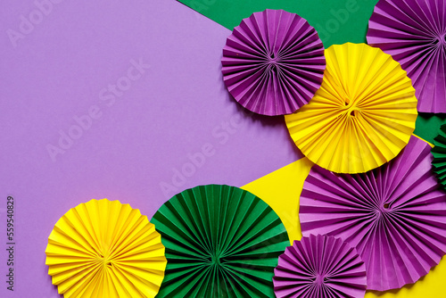 Mardi gras.Holidays mardi gras masquarade, venetian mask fan over purple background. view above,mardi gras background copy space Happy Mardi Gras . Fat Tuesday carnival texture golden,green purple