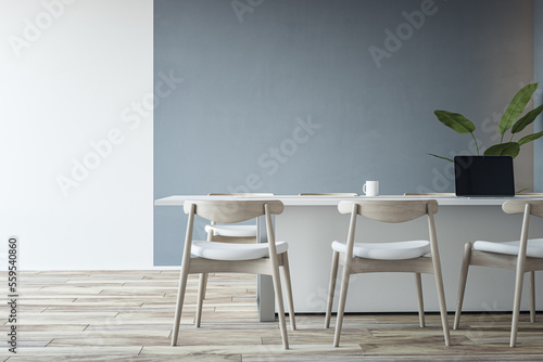 Tela Front view on big white table with modern laptop and light chairs around on wooden floor and grey wall background